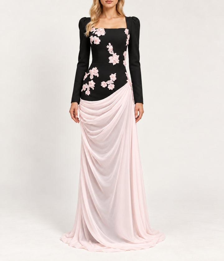 Long Sleeve Applique Crepe Evening Dress