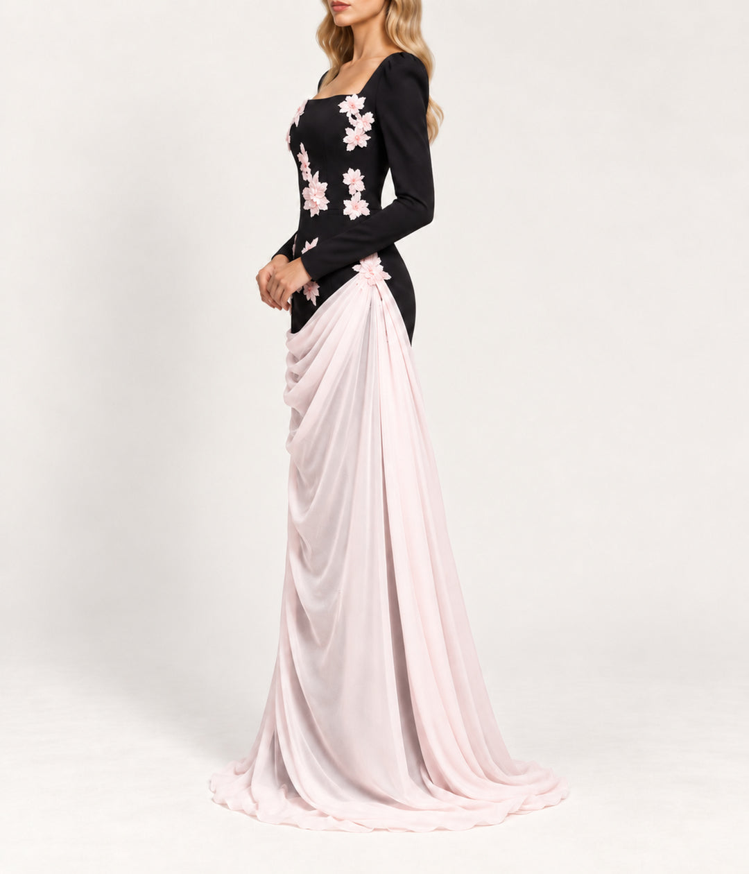 Long Sleeve Applique Crepe Evening Dress