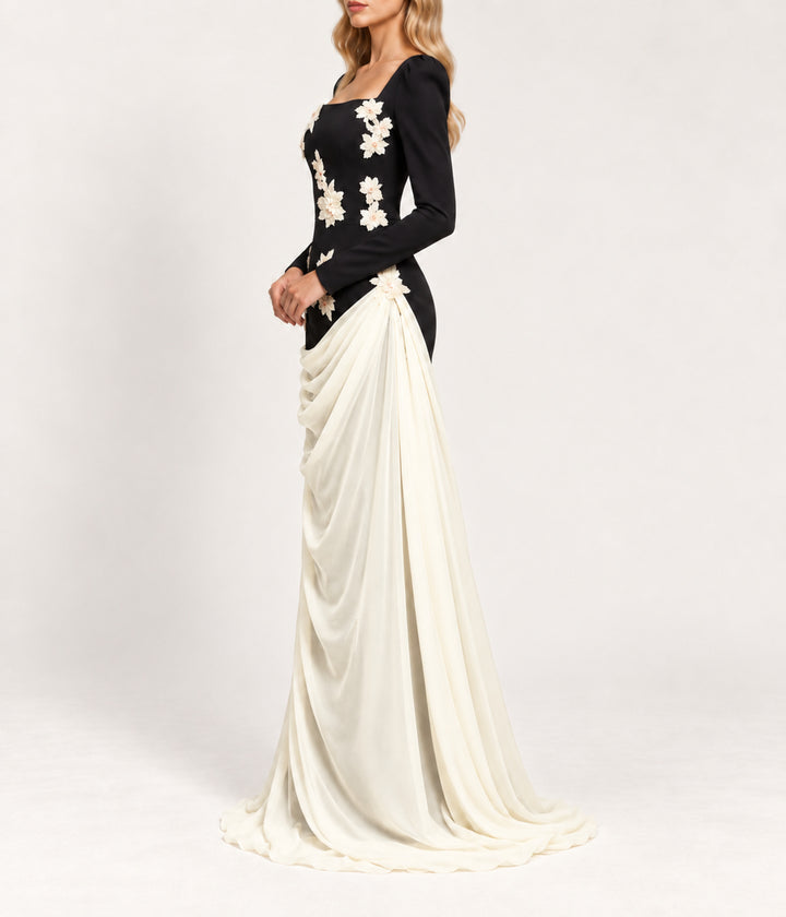 Long Sleeve Applique Crepe Evening Dress