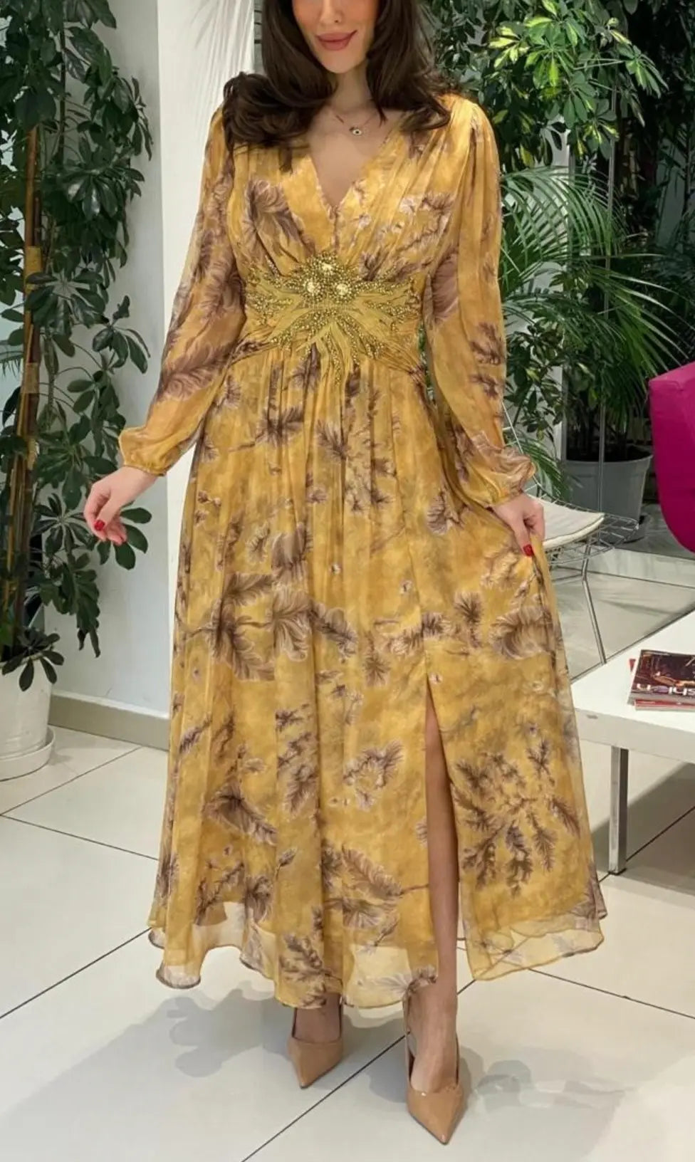 Yellow Dress with Brown Embellished Details